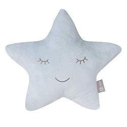roba Coussin Décoratif pour Chambre d'Enfant en Forme d'Étoile roba Style - 32 x 28 cm - Oreiller Bébé en Peluche - Visage Souriant Brodé - Bleu Clair