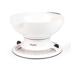 Salter 800 WHBKDR Balança de cozinha mecânica analógica com tigela, recipiente de medição fácil de verter, esfera giratória dupla, função de adicionar e pesar, mede alimentos e líquidos, branco