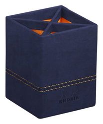 RHODIA 194534C - Pot à Crayons Bleu Nuit - 8x8x11 cm - Piqûres Sellier Orange - Extérieur Simili Cuir-Collection Home Office Rhodiarama - Organisation de Bureau & Rangement Design