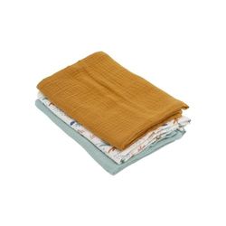 Domiva - Set of 3 cotton gauze cloths: 1 printed + 2 plain caramel green 60 x 60 cm, 1 print + 2 plain caramel green