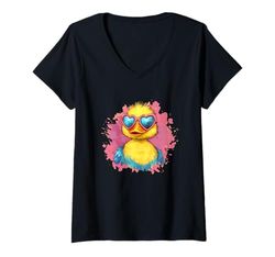 Womens Nice Duck Costume with Happy Heart Sunglasses V-Neck T-Shirt