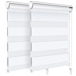VOUNOT Set of 2 Zebra Roller Blind Double Fabric, Day and Night Translucent or Blackout Vision Curtains, No Drilling for Window and Door, White, 80 x 150 cm