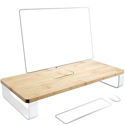 KD Essentials Soporte para monitor y elevador de monitor XL – carga máxima especialmente alta, fácil montaje y 100% de madera de bambú FSC (organizador / elevador de pantalla, metal blanco)