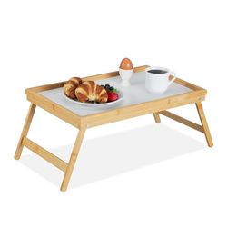 Relaxdays Bandeja Cama de Bambú y MDF, Patas Plegables, Mesita Desayuno, Mesilla Sofá, 23,5 x 63 x 31 cm, Natural/Blanco, Unidad, 1 Unidad