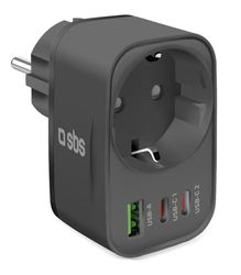 SBS Alimentatore Multi-Socket 30W USB-C USB-A, Presa Schuko Passante, Power Delivery (PD) 30W, Ricarica Rapida, Caricatore USBC e USBA, Caricabatterie per iPhone, Samsung e Tablet, Nero