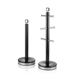 SWAN Elegance SWKA18534BLK Towel Pole and 6 Cup Mug Tree Set with Textured Gloss Finish, Stainless Steel Accents and Non-Slip Bases, Black