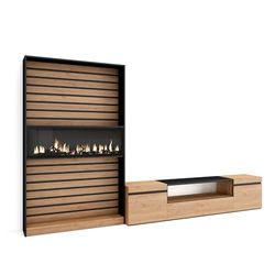 Skraut Home TV-meubel | eettafelset | 210 x 186 x 35 cm | voor tv's tot 80 inch | elektrische open haard | moderne stijl | eiken en zwart