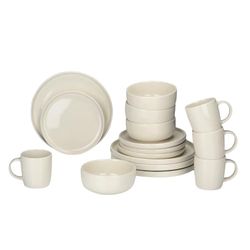 alpina 16-Piece Dinnerware Set - 4 Person Place Setting - Stoneware Dinnerware - Breakfast Plates, Dinner Plates, Bowls, and Mugs - Microwave and Dishwasher Safe - Cream