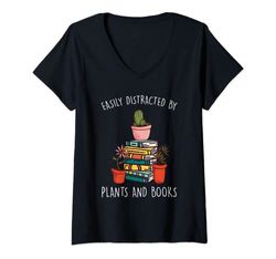 Mujer Fácilmente distraído por plantas y libros idea de regalo amante de las plantas Camiseta Cuello V