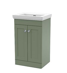 nuie CLC823H Classique Floor Standing 2 Door Vanity Unit & 0 Tap Hole Fireclay Basin, 500mm, Satin Green