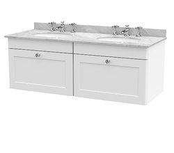 nuie CLC194GR6 Classique Wall Hung 2 Drawer Unit & 3 Tap Hole Double Marble Top with Round Basin, 1200mm, Satin White/Grey
