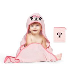 Disney Home Minnie Mouse zestaw ręczników z kapturem dla niemowląt do 5 lat, miękki i chłonny, certyfikat Oeko-Tex, 2-częściowy, ręcznik z kapturem 80 x 80 cm, myjka 15 x 20 cm