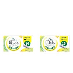 Lil-Lets Organic Non-Applicator Regular Tampons, 16 Count (Pack of 2), for Light to Medium Flow, Made with 100% Organic Cotton, GOTS Certified, Vegan Organic Tampons, Plastic Free Period Care