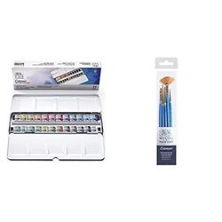 Winsor & Newton 390645 Cotman Water Colour Box-24, 24 x Half Pan Metal Sketchers' Box, Aquarellkasten Bundle Cotman Short Handle Paint Brushes, Set of 5 for Watercolour Paint