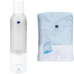 Abena Foam Shower Gel | 400ml | Shower Foam Body Wash | Foaming Cleanser for Dry Skin + ABENA Wash Glove Wet Wipes For Adults Suitable for Incontinence Care | 50 Pack | 23x16cm