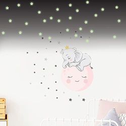 Muurstickers voor kinderen, decoratie voor babykamer, muursticker voor kinderen, motief: olifanten op de maan, 30 sterren (80 x 60 cm) + 100 stickers lichtgevende sterren