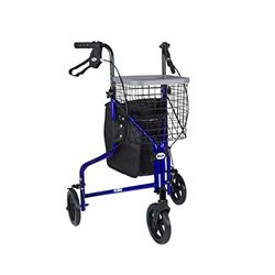 Days Lightweight Aluminum Folding 3 Wheel Tri Walker with Lockable Brakes, Adjustable Height, Limited Mobility Aid, Blue with Bag, Basket and Tray, (Eligible for VAT relief in the UK)