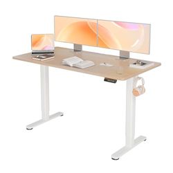 Morsut Elektrisch sta-bureau 140x60 cm, in hoogte verstelbaar bureau met kabelbeheer, computerbureau zit/standaard met geheugenfunctie en botsingsbescherming, beige