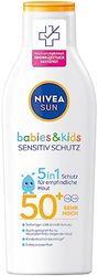 NIVEA SUN Kids Sensitiv ochrona i pielęgnacja mleczko do opalania SPF 50+ (200 ml), bardzo wodoodporny krem przeciwsłoneczny z SPF 50+, balsam do opalania dla wrażliwej skóry dziecka