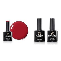 Bluesky Gel Nail Polish, Pillar Box D160, Bright Red, and No Wipe Top Coat and Base Coat, Soak Off LED UV Gel Nail Polish Set, Long Lasting, Shiny, High Gloss Finish, Clear, 2 x 10ml Bottles