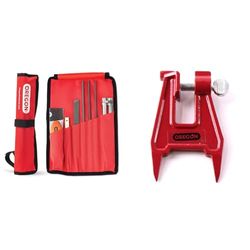 OREGON Universal Chainsaw Field Sharpening Kit - Includes Round Files, Flat File, Handle, Filing Guide, and Pouch (617067) & Chainsaw Filing Stump Vise For Sharpening Saw Chain (26368A)