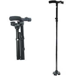 Elderly Folding Adjustable Walking Stick with Non-Slip Base and LED Light