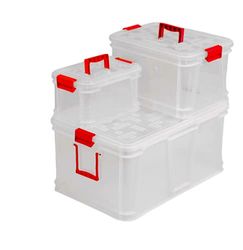 Domplex Set di 3 scatole di immagazzinaggio realizzate in polipropilene, piccole, medie e grandi, impilabili, durevoli, manici colore rosso, 677/654/675VM