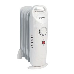Perel Radiador de óleo de 700 W com 7 elementos, termostato ajustável, alça, rodas, proteção contra sobreaquecimento e capotagem, aquecedor portátil, mini, silencioso e eficiente para quartos