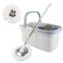 ASelected Set mocio rotante e secchio con rotazione a 360° per la pulizia dei pavimenti, manico in acciaio inox, mocio estensibile con cuscinetti riutilizzabili in microfibra e asciutto per la pulizia