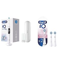 Oral-B iO 7n, Brosse à Dents Électrique Rechargeable, Souple pour Voyage, Détecteur de Position, 1 Brossette et 1 Étui de Voyage Premium Offert, Blanc & iO Gentle Care Brossettes de Recharge,Pack de 2