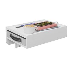 Relaxdays Clip-On Bedside Table, Bamboo, 14 x 37 x 26.5 cm, Drawer, Drink Holder, Hanging Tray, Floating Shelf, White, Polyester, Iron