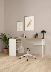 Dmora Scrivania Patience, Scrittoio Multiuso, Tavolo per Ufficio Porta PC, Piano di Lavoro, 145x81 h77 cm, Bianco e Quercia