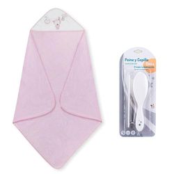 Interbaby P1182-02 Dziecięcy ręcznik kąpielowy Tendedero OSO różowy z grzebieniem i szczotką, różowy