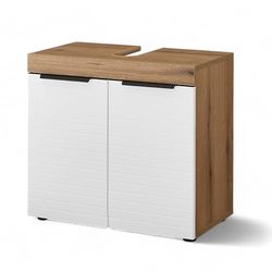 Stella Trading Tarawa - Mobiletto da bagno in bianco, effetto rovere Evoke, certificato FSC, con ampio spazio di archiviazione, 60 x 56 x 34 cm (larghezza x altezza x profondità)