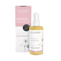 LILLYDOO Huile bébé sans parfum, 99% huile d’amande pure pressée à froid, vitamine E, soins naturels véganes, certifiée Dermatest "très bien", flacon en verre haut de gamme (100 ml)