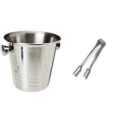 Genware NEV-MSSB10 Mini Stainless Steel Ice Bucket, 10 cm & BarCraft Ice Tongs, Stainless Steel, 16cm, Silver