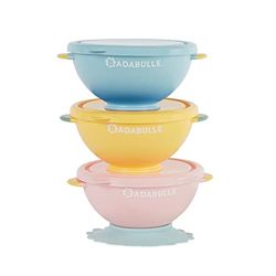 BADABULLE Lote de 3 cuencos Funcolors Bowls con tapas y 1 ventosa antideslizante, 330ml