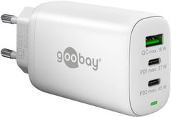 Goobay 65408 USB C laddare nätdel 65 W Power Delivery PD snabbladdare/iPhone/Android/USB-C och USB-A 3-port miniadapter för uttag/vit