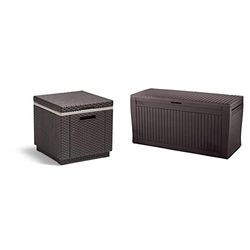 Keter Ice Cube Mesa Nevera para jardín, 5 litros, Marrón, 41x41x41 cm + Comfy Arcón Exterior, Capacidad 270 litros, Color marrón