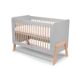 skiddoü Cuna de Madera para niños Krubb Altura Ajustable, para colchones de 120x60 cm, barandilla de Seguridad, barrotes extraíbles, Madera Maciza de Haya, Haya, de 0 a 4 años, Gris