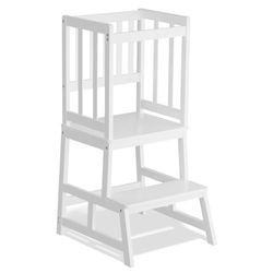 COSYLAND Torre de Aprendizaje Desde 18 Meses - Torre Aprendizaje Madera para Niños - Protección Antivuelco y Barra de Seguridad - para Baño, Habitación Infantil y Cocina - Madera Blanco