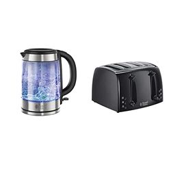 Russell Hobbs 21600-10 Illuminating Glass Kettle, Black, 1.7 Litre, 3000 Watt & 21651 Textures 4-Slice Toaster 21651-Black, Plastic, Black