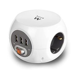 Ewent EW3939 Power Block (Cube) med 3 x uttag och 3 x USB-port, 1,5 m kabel vit/vit