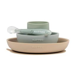 Nattou Siliconen servies voor kinderen, 4-delig, 1 lepel, 1 beker, 1 bord, 1 kom, antislip, BPA-vrij, siliconen, groen/beige