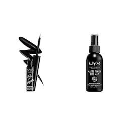 NYX Professional Makeup Eyeliner Liquide Semi-Permanent Epic Wear, Fini Mat, Noir & Spray Fixateur Setting Dewy Finish, Fini Mat, Formule Vegan, Modèle : Matte