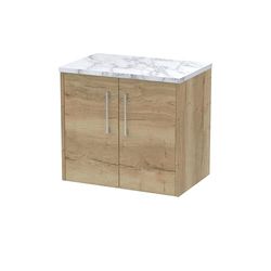 Hudson Reed JNU1823LCM Juno Modern Bathroom Wall Hung 2 Soft Close Door Vanity Unit and Carrera Marble Laminate Worktop, 600mm, Autumn Oak