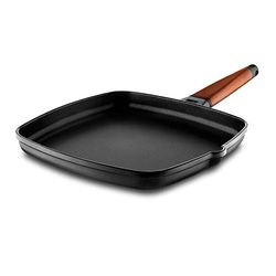 CASTEY - Grill assador de indução, 22 cm, modelo 5-P22, cabo de madeira de cedro, frigideira antiaderente de alumínio, distribuição homogénea do calor, fácil de limpar
