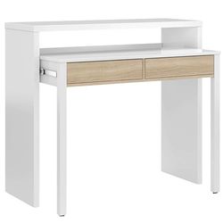 Habitdesign Mesa de secretária extensível, mesa de estudo, consola, cor branca Artik e carvalho canadian, medidas: 98,5 cm (comprimento) x 36-70 cm (fundo) x 87,5 cm (altura)