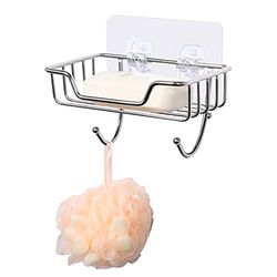 Soap Dish, Stainless Steel Soap Holder Adhesive with Hook for Shower Bathroom Kitchen