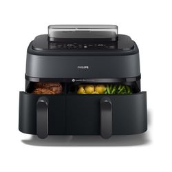 Philips Airfryer Serie 5000 Doppio Cestello con Vapore – Friggitrice ad Aria da 9L, 19 Modalità, 90% di Grassi in Meno, Tecnologia RapidAir Plus e AirSteam, Pulizia con il Vapore, Accessori (NA550/00)